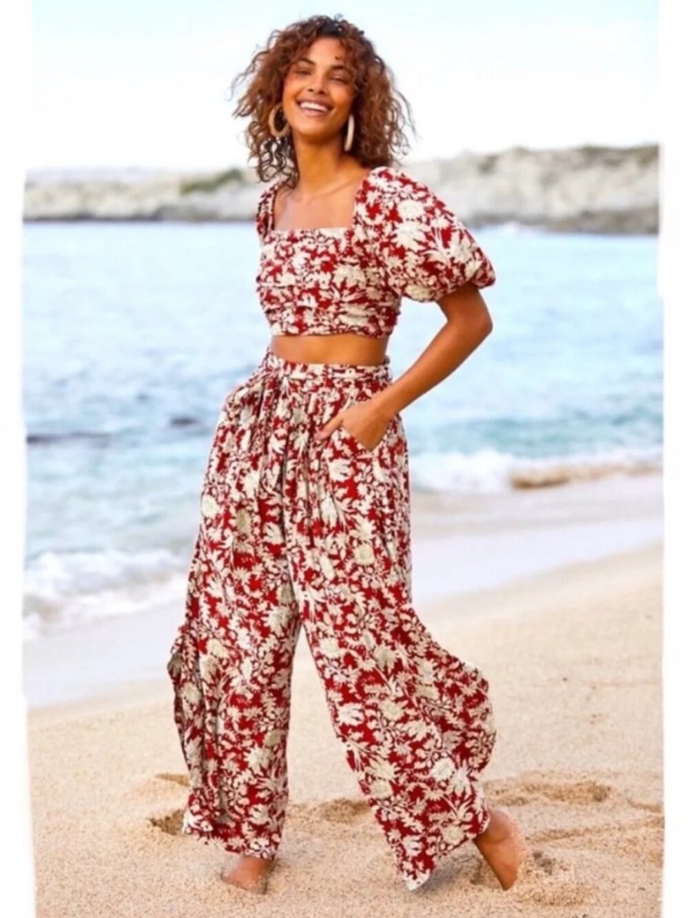 Free People FP Movement Sunday Floral Wide-Leg Crop Top & Pants Set - Red
